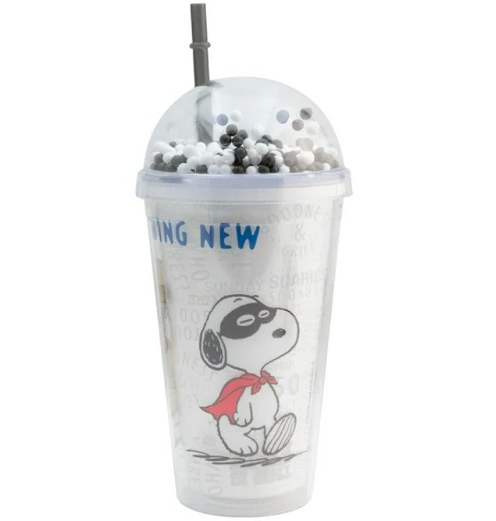 Snoopy Vaso De Plástico Doble Pared Con Tapa Domo Y Popote Peanuts 75 Aniversario  con Bolitas de Colores Capacidad 480 Ml
