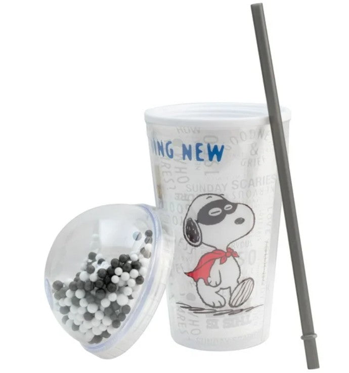 Snoopy Vaso De Plástico Doble Pared Con Tapa Domo Y Popote Peanuts 75 Aniversario  con Bolitas de Colores Capacidad 480 Ml