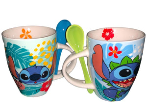Stitch Juego de 2 Tazas de Pareja con cucharas Ohana Disney Lilo & Stitch Tarros de Ceramica capacidad 310 ml