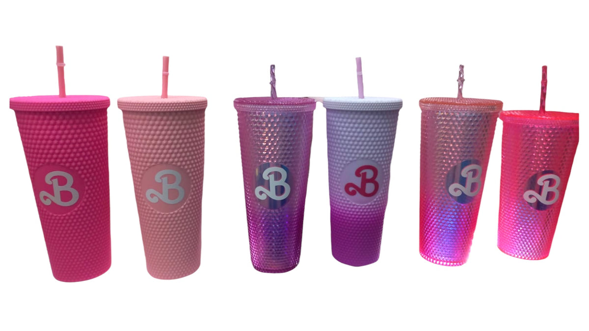 Vaso  Barbie Texturizado Tachuelas con popote termico capacidd 24 onzas