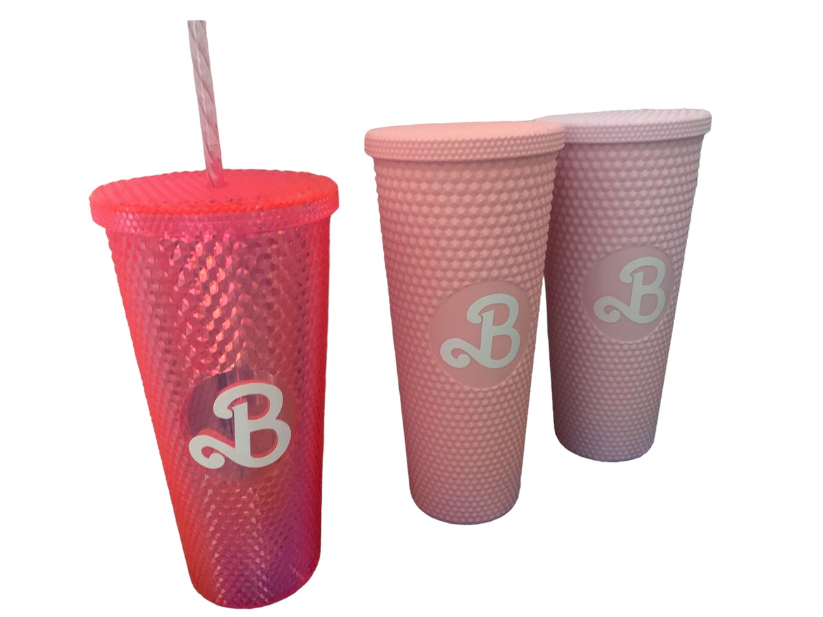Vaso  Barbie Texturizado Tachuelas con popote termico capacidd 24 onzas