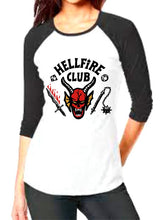 Cargar imagen en el visor de la galería, Playera Hellfire Club Stranger md1 Mangas 3/4 Dama Caballero Infantil Disfraz Cosplay
