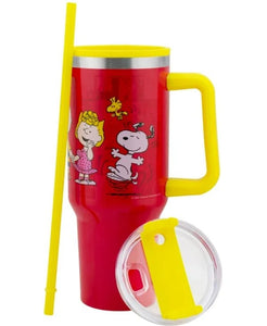 Snoopy Termo Alto Doble Pared Con Asa Y Popote Rojo Snoopy & Friends, Peanuts, Capacidad 1.2 L