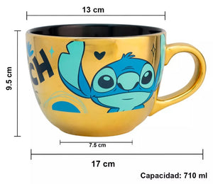 Tazon Stitch Metalizado Cerealero Ceramica Dorado Taza Jumbo Tarro 710 ml