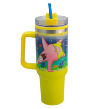 Cargar imagen en el visor de la galería, Bob Esponja Termo Alto Doble Pared Con Asa Y Popote Patricio Color Amarillo Capacidad 1. 2 L
