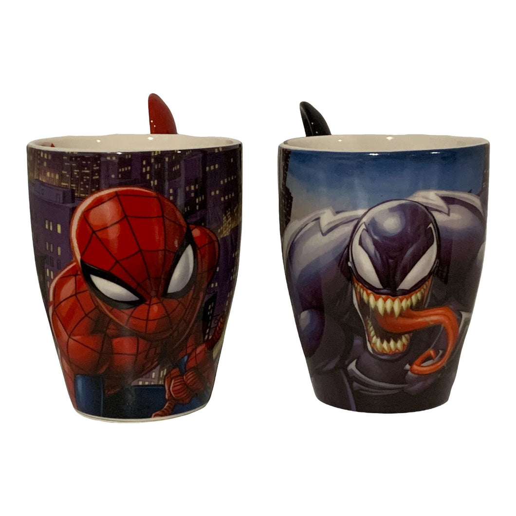 Set 2 Tazas Spiderman & Venom Pareja Amistad Marvel Tarros con Cucharas Hombre Araña