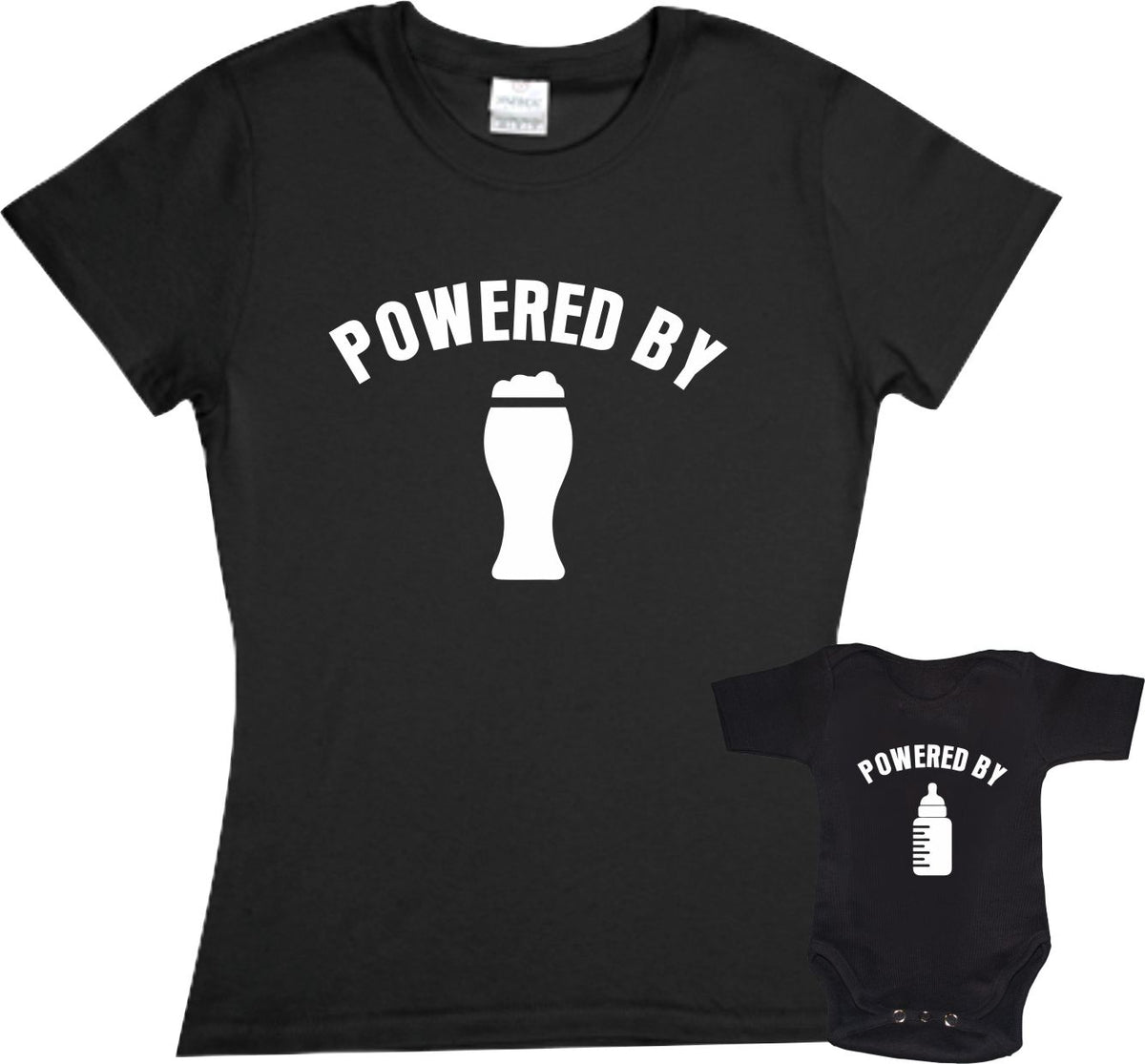 Set 2 Playeras Powered by beer milk Dia de las Madres Mamá e hijo Familia Evento Duo Mamá e Hija bebe