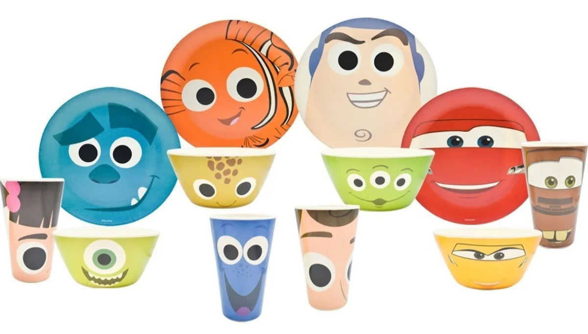 Vajilla Disney Pixar Bambú Ecológica 12p 4 Persona Colección Toy Story, Cars, Monster Inc, Donde esta Nemo.
