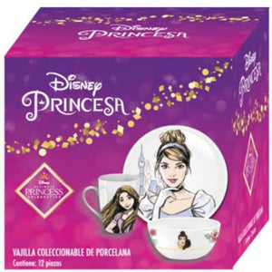 Vajilla Princesas Disney 12 Piezas Porcelana Ariel, Bella, Cenicienta, Rapunzel