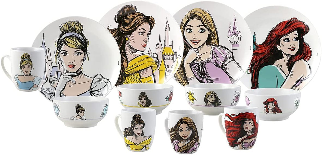 Vajilla Princesas Disney 12 Piezas Porcelana Ariel, Bella, Cenicienta, Rapunzel