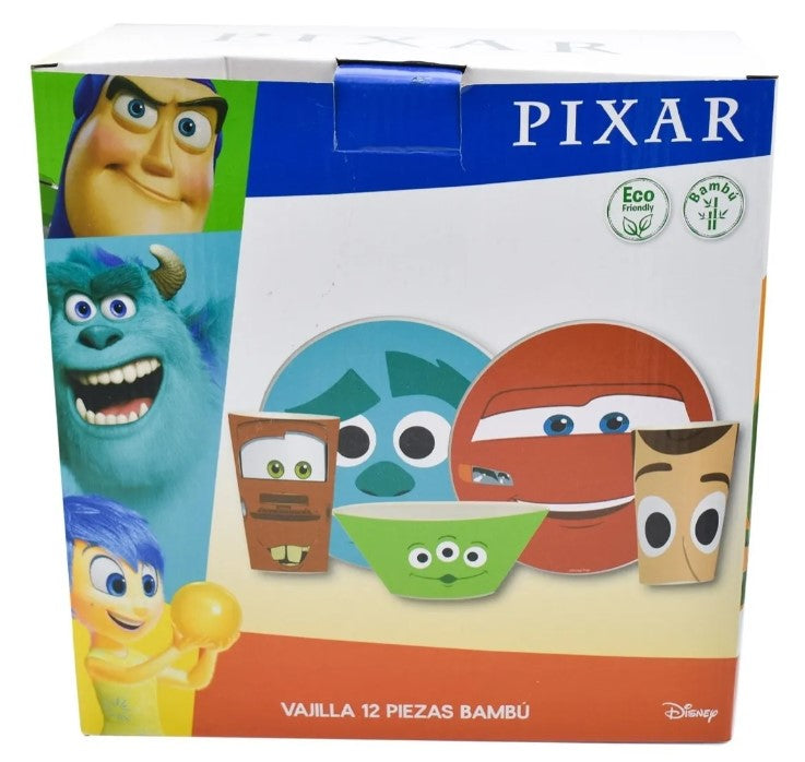 Vajilla Disney Pixar Bambú Ecológica 12p 4 Persona Colección Toy Story, Cars, Monster Inc, Donde esta Nemo.