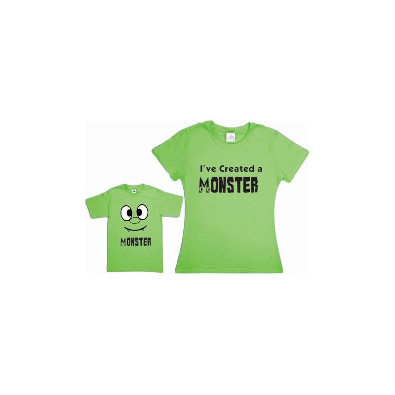 Pkt 2 Playeras Monster Papá Mama E Hijo Verde