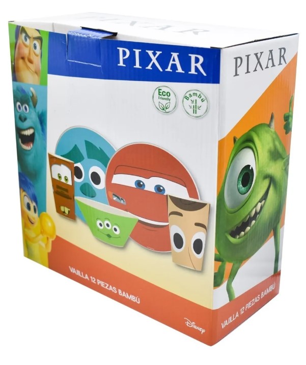Vajilla Disney Pixar Bambú Ecológica 12p 4 Persona Colección Toy Story, Cars, Monster Inc, Donde esta Nemo.